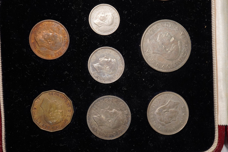 British coins, George VI, 1937 specimen fifteen coin set, comprising silver crown to threepence and Maundy 1d to 4d, brass threepence, copper penny to farthing, tarnished UNC, fitted leather case slightly warped and stai